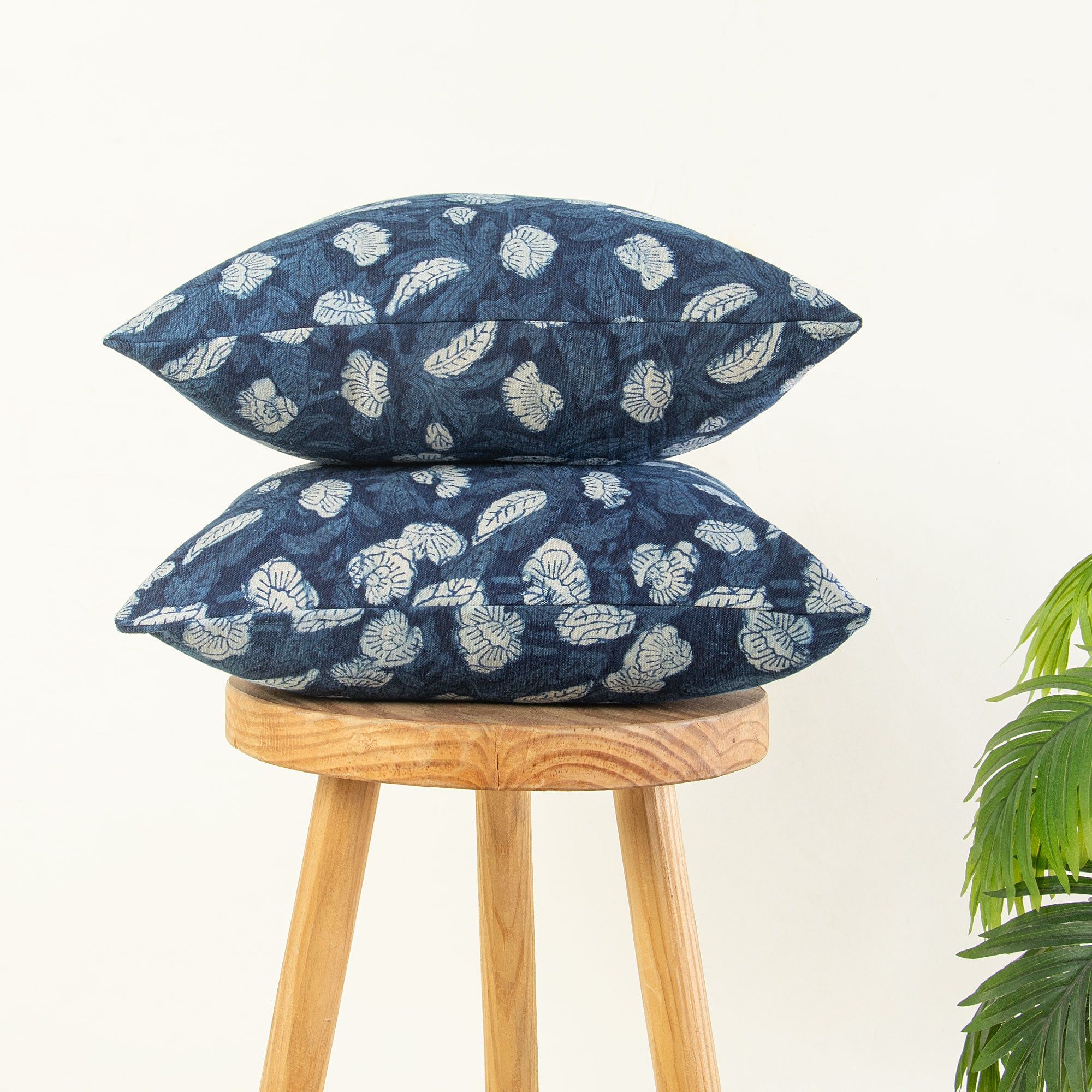 Hand Block Flower Print Indigo Canvas Cushion Cover